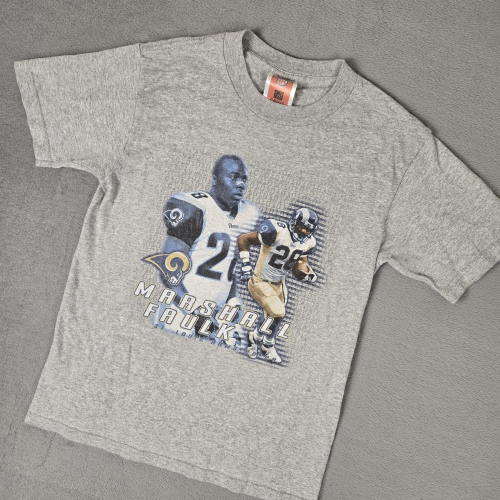VINTAGE St. Louis Rams Marshall Faulk T-Shirt Youth Medium‎ Gray Graphic NFL